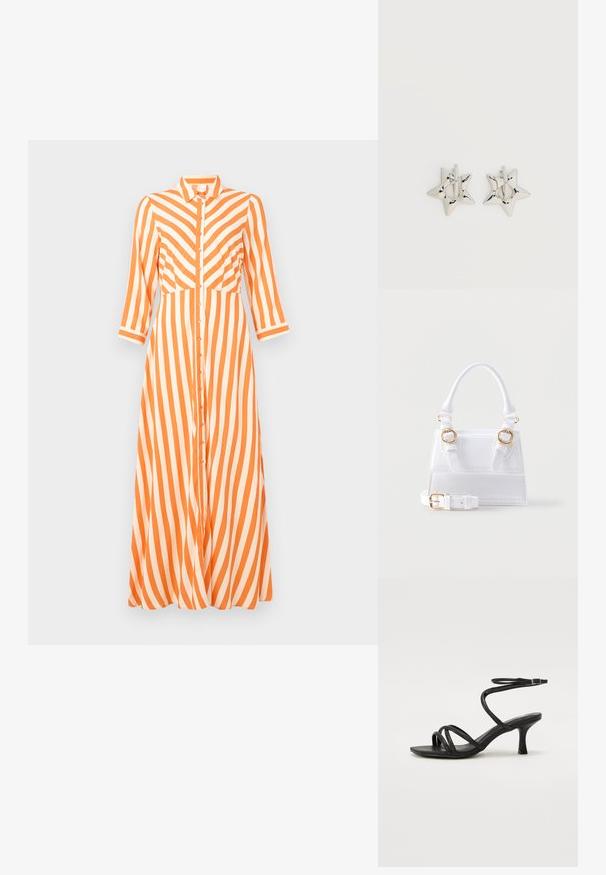 Knappet kjole med lodrette orange og hvide striber, lange ærmer, krave og en flot pasform med en lige kant.; Even&Odd Wide Fit Sandaler - black; Hvid struktureret håndtaske med tophåndtag, to spænder i guldfarve på forsiden og en aftagelig justerbar skulderrem.; Sølv stjerneformede øreringe med en glat, poleret finish på en ensfarvet hvid baggrund.