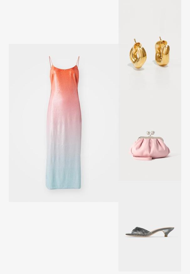 Støvle med pailletter i en gradient fra orange til pink til lyseblå. Har tynde justerbare stropper og en tætsiddende silhuet.; Metallic sølv åben tå mule med lav kitten hæl og flere tynde remme, der danner et vævet design over foden.; Lille blød lyserød clutchpung med sølvfarvet metalramme og rund lås, hvilende på en flad lys overflade med håndledsrem foldet foran.; Chunky guld hoop øreringe med et let snoet, rørformet design og postsystem bagpå, på en hvid baggrund.