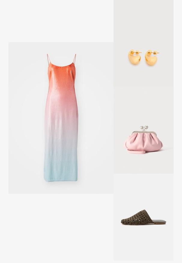 Støvle med pailletter i en gradient fra orange til pink til lyseblå. Har tynde justerbare stropper og en tætsiddende silhuet.; Brun vævet slip-on mule med flad sål og lukket rundet tå på hvid baggrund.; Lille blød lyserød clutchpung med sølvfarvet metalramme og rund lås, hvilende på en flad lys overflade med håndledsrem foldet foran.; Par af små, robuste ørestikker i guldfarvet metal med glatte, buede, abstrakte former på en lys baggrund.