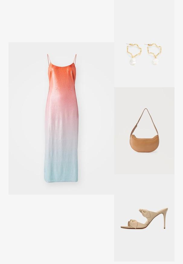 Støvle med pailletter i en gradient fra orange til pink til lyseblå. Har tynde justerbare stropper og en tætsiddende silhuet.; Beige åben tå højhælet mule-sandal med to snoede knudestrimler og en slank stilet-hæl på hvid baggrund.; Lysebrun skuldertaske i læder formet som en halvmåne med justerbar rem og toplynlås, sat mod en ensfarvet baggrund.; Guldtonede hoop øreringe med et bølget design, der har en hvid perle som dråbeaccent. Teksturen er glat, og øreringene er lette.