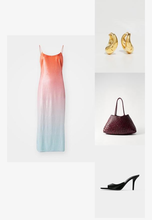 Støvle med pailletter i en gradient fra orange til pink til lyseblå. Har tynde justerbare stropper og en tætsiddende silhuet.; Sort læder åben tå højhælet mule med en slank stilet hæl, vist i sideprofil på en ensfarvet baggrund.; DRAGON DIFFUSION SANTA CROCE BIG - Håndtasker - bordo; Guldringeøreringe med en glat, buet form og poleret overflade. Udstyret med en lukkeanordning og lette fordybninger for detaljer.