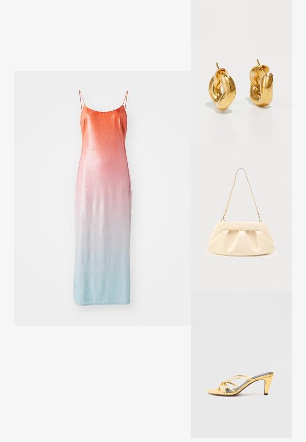 Støvle med pailletter i en gradient fra orange til pink til lyseblå. Har tynde justerbare stropper og en tætsiddende silhuet.; Gul metalisk højhælet sandal med krydsede remme, åben tå og spids hæl. Tekstureret fodseng i grå.; Cremefarvet læderhåndtaske med sammenrullede plisseringer, guldfarvet hardware og en enkelt tynd skulderrem på en ensfarvet baggrund.; Chunky guld hoop øreringe med et let snoet, rørformet design og postsystem bagpå, på en hvid baggrund.