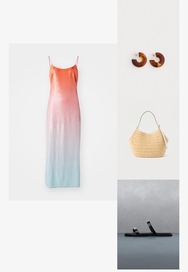 Støvle med pailletter i en gradient fra orange til pink til lyseblå. Har tynde justerbare stropper og en tætsiddende silhuet.; Sort slidesandal med to blanke stropper på en struktureret træ- og grusoverflade udendørs nær grønt område og en betonvæg.; Beige flettet stråhåndtaske med hvidt læderkanter og justerbar skulderrem, vist mod en ensartet lys baggrund.; Brune akrylhængerør med et buet design. Guldtonet hardware. Glat overflade med en blank finish.