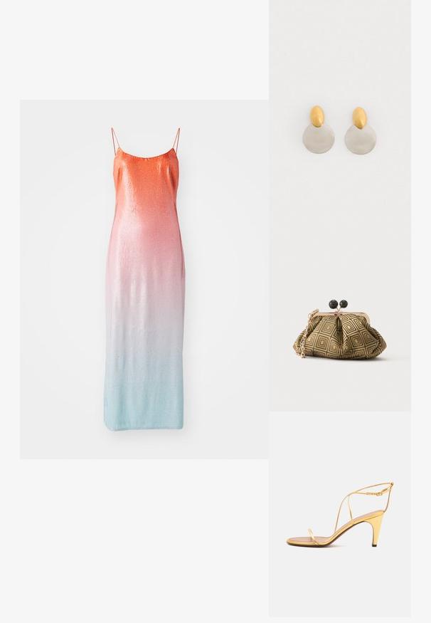 Robe sans manches ornée de sequins avec un dégradé allant de l'orange au rose puis au bleu clair. Elle comprend des fines bretelles ajustables et une silhouette ajustée.; Sandale à talons hauts dorée avec fines lanières et une fine boucle à la cheville sur un fond gris clair.; Petite pochette avec motif géométrique doré et noir, cadre en métal doré, fermeture à boule noire et une courte chaîne dorée.; Boucles d'oreilles en métal doré et argenté avec une base en disque rond et une pièce supérieure ovale, texture lisse et finition polie.