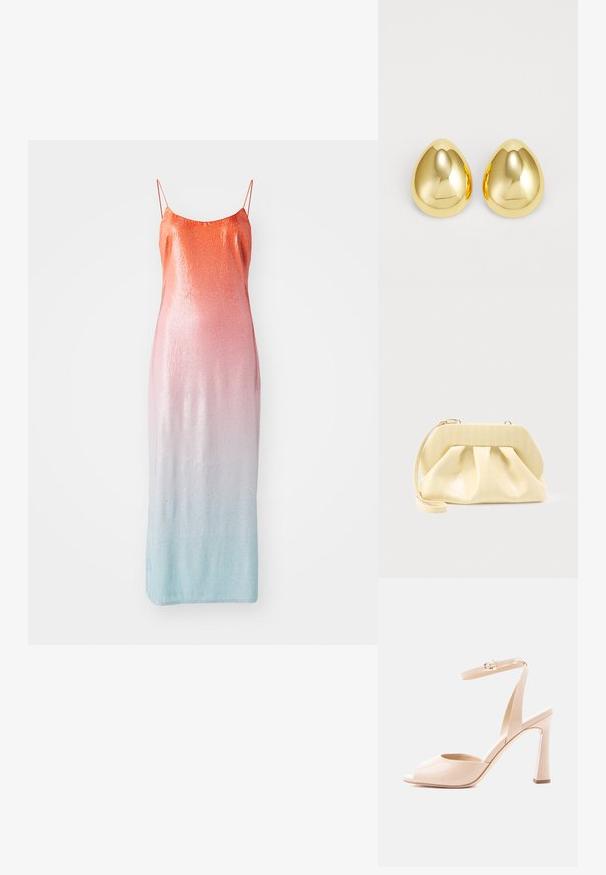 Støvle med pailletter i en gradient fra orange til pink til lyseblå. Har tynde justerbare stropper og en tætsiddende silhuet.; Beige laklædersandal med høj hæl, åben tå, smalt ankelsnøre, guldlås og buet blokhæl på hvid baggrund.; Clutch-taske i cremefarvet læder med en struktureret topramme og håndledsrem, vist mod en enkel lys baggrund.; Guldfarvede studøreringe med en glat, poleret overflade og dråbeform, der reflekterer lys for en skinnende finish.