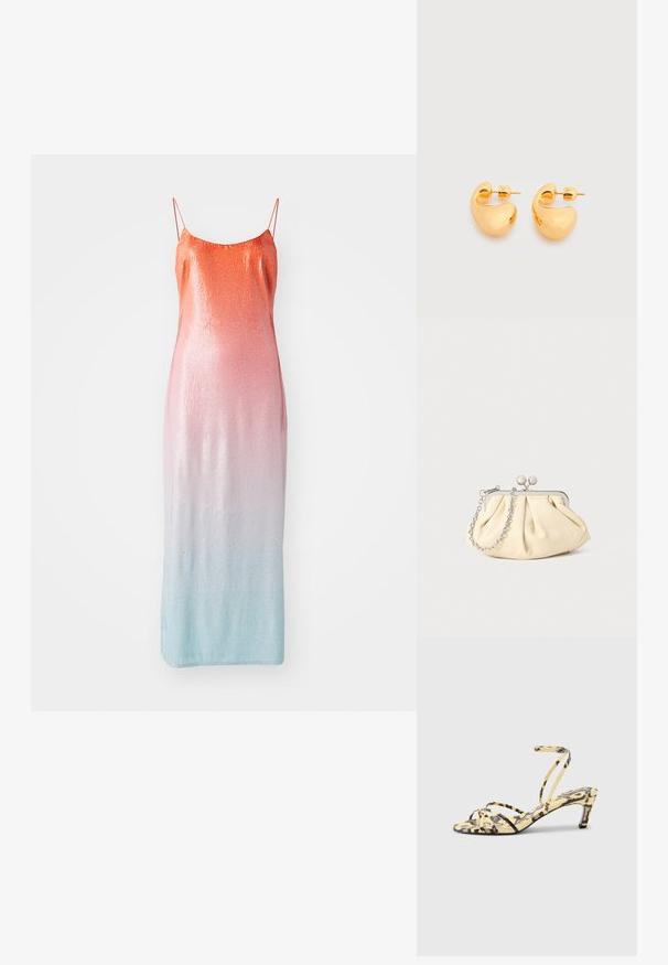 Støvle med pailletter i en gradient fra orange til pink til lyseblå. Har tynde justerbare stropper og en tætsiddende silhuet.; Hæl sandal med leopardprint i gul og sort. Har tynde, krydsede remme og en slank, tilspidset hæl for en elegant silhuet.; Plisseret beige læderclutch med en sølvmetalramme, der har to runde dekorative låse og en sølvkædetrasporte.; Par af små, robuste ørestikker i guldfarvet metal med glatte, buede, abstrakte former på en lys baggrund.