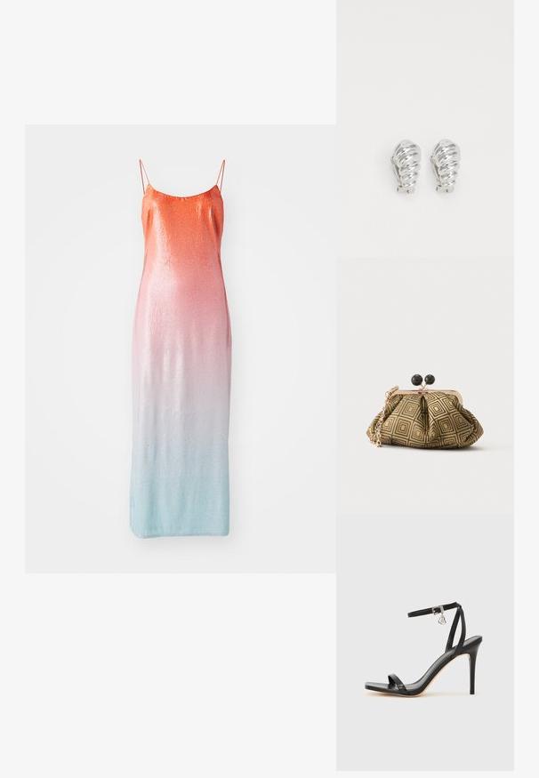 Støvle med pailletter i en gradient fra orange til pink til lyseblå. Har tynde justerbare stropper og en tætsiddende silhuet.; Sort hæl-sandal med smal ankrem, firkantet tå-boks, glat lædermateriale og metalspænde som pynt.; Lille clutch taske med gyldent og sort geometrisk mønster, guldfarvet metalramme, sort kuglelås og en kort guldkæde som rem.; Sølv clip-on øreringe med spiralmønster, der har en glat metallisk tekstur og runde former. Ingen synlige udsmykninger eller mønstre.