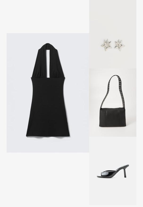 Vestido negro sin mangas con cuello halter en V profunda y cintura ajustada, exhibido plano sobre fondo claro.; Zueco abierto de charol negro con tacón cuadrado de altura media y una correa curva en la parte delantera sobre fondo blanco.; Bolso de cuero negro con forma rectangular, que cuenta con un cierre de cremallera y una correa con lunares. Textura suave, con detalles de costura mínimos.; Pendientes de aro plateados en forma de estrella con un acabado liso y pulido sobre un fondo blanco liso.