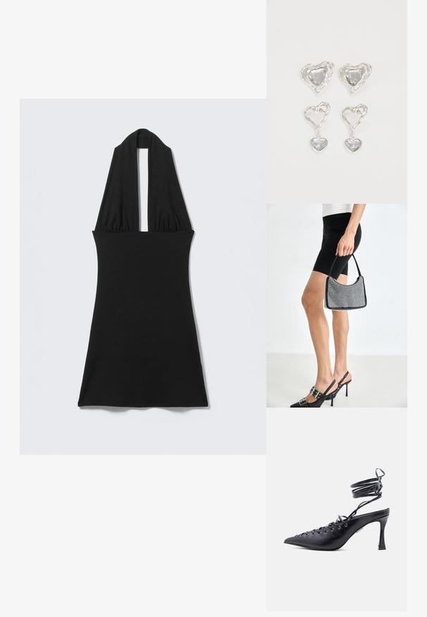 Vestido negro sin mangas con cuello halter en V profunda y cintura ajustada, exhibido plano sobre fondo claro.; Zapato de tacón alto negro con punta afilada, correas alrededor del tobillo y múltiples ojales en la parte frontal para cordones.; Bolso de cuentas negras con una silueta curva, asa de transporte y textura brillante. Llevado con zapatos de tacón altos negros y pantalones cortos negros ajustados.; Pendientes en forma de corazón plateados que presentan piedras claras facetadas, con un marco texturizado. El conjunto incluye estilos de perno y tipo gota.