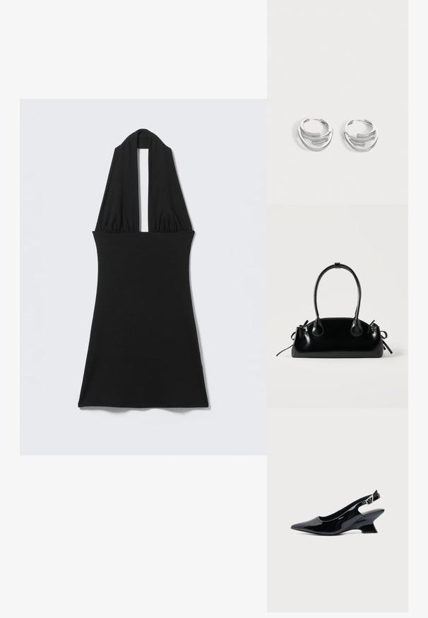 Vestido negro sin mangas con cuello halter en V profunda y cintura ajustada, exhibido plano sobre fondo claro.; Zapato slingback de cuero charol negro con puntera puntiaguda y tacón bajo en bloque inclinado sobre fondo claro liso.; Pequeño bolso negro brillante con dos asas largas y detalles de cordón lateral sobre un fondo claro liso.; Par de pendientes de aro plateados pulidos con diseño de barra curva en capas sobre un fondo claro y liso.