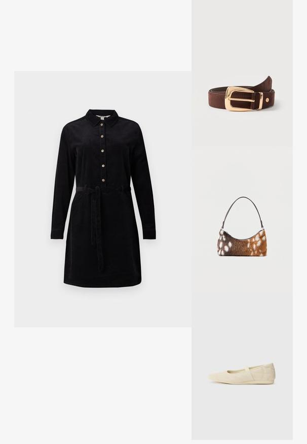 Schwarzes Cordkleid mit durchgehender Knopfleiste, langen Ärmeln und einem Bindegürtel in der Taille. Verfügt über einen klassischen Kragen und seitliche Taschen.; Beige Ballerinas aus glattem Leder mit mandelförmiger Zehenpartie und elastischem Riemen über dem Fußrücken, ausgestattet mit dezenten Nähtelementen.; Schultertasche mit braun-weiß geflecktem Kunstpelz und einem dünnen schwarzen Riemen, dargestellt vor weißem Hintergrund.; Brauner Ledergürtel, zusammengerollt mit einer glänzenden goldenen rechteckigen Schnalle und einem kleinen runden Metalllogo in der Nähe der Spitze.