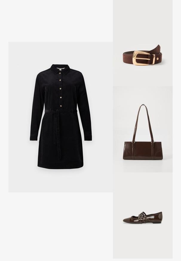 Schwarzes Cordkleid mit durchgehender Knopfleiste, langen Ärmeln und einem Bindegürtel in der Taille. Verfügt über einen klassischen Kragen und seitliche Taschen.; Brauner Lackleder-Flachschuh mit spitzer Zehenpartie und drei verstellbaren Schnallenriemen an der Seite, von der Außenseite gezeigt.; Braune Lackleder-Handtasche in rechteckiger Form, mit zwei langen Griffen und subtilen, geschwungenen Akzenten auf der Vorderseite.; Brauner Ledergürtel, zusammengerollt mit einer glänzenden goldenen rechteckigen Schnalle und einem kleinen runden Metalllogo in der Nähe der Spitze.