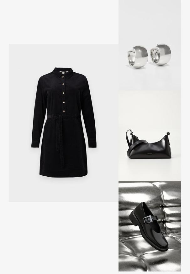 Schwarzes Cordkleid mit durchgehender Knopfleiste, langen Ärmeln und einem Bindegürtel in der Taille. Verfügt über einen klassischen Kragen und seitliche Taschen.; Schwarze Leder-Mary-Jane-Schuhe mit quadratischer Zehenform, einem silbernen Schnallenakzent und einem robusten, niedrigen Absatz, vor einem glänzenden silbernen Hintergrund.; Schwarze lederne Handtasche mit glatter Textur. Verfügt über einen verstellbaren Riemen und ein elegantes, minimalistisches Design mit einem Reißverschluss.; Uncommon Matters SCULPTURAL LARGE CREOLE - Ohrringe - silver-coloured