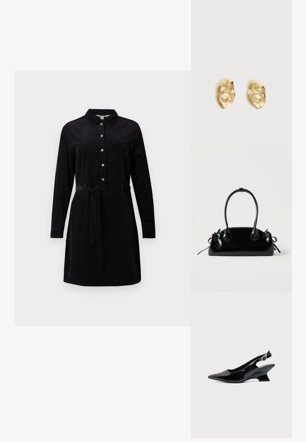 Sort kordfløjlskjole med knaplukning fortil, lange ærmer og et bælte i taljen. Har en klassisk krave og sidelommer.; Sort laklæder slingback sko med spids tå og lav vinklet blokhæl på ensartet lys baggrund.; Lille sort blank håndtaske med to lange håndtag og snøre-detaljer i siden på en ensfarvet lys baggrund.; Par skinnende, ujævnt formede øreringe af guldmetal med en krøllet, glat overflade på en ensartet lys baggrund.