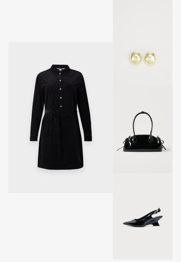 Schwarzes Cordkleid mit durchgehender Knopfleiste, langen Ärmeln und einem Bindegürtel in der Taille. Verfügt über einen klassischen Kragen und seitliche Taschen.; Schwarzer Slingback-Schuh aus Lackleder mit spitzer Spitze und niedrigem, schrägem Blockabsatz auf einfachem hellem Hintergrund.; Kleine schwarze glänzende Handtasche mit zwei langen Griffen und seitlichen Kordelzug-Details vor einfachem hellem Hintergrund.; Goldfarbene Metallstanzohrringe mit einer glatten, abgerundeten Form und polierter Oberfläche. Einfaches Design ohne zusätzliche Verzierungen.