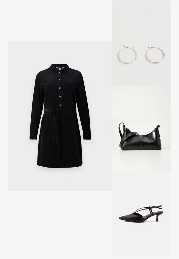 Schwarzes Cordkleid mit durchgehender Knopfleiste, langen Ärmeln und einem Bindegürtel in der Taille. Verfügt über einen klassischen Kragen und seitliche Taschen.; Schwarzer Leder-Kitten-Heel mit spitzer Schuhspitze, dünnem Knöchelriemen und Schnalle, Slingback-Design, auf hellem einfarbigem Hintergrund.; Schwarze lederne Handtasche mit glatter Textur. Verfügt über einen verstellbaren Riemen und ein elegantes, minimalistisches Design mit einem Reißverschluss.; Silberne Metallcreolen mit glatter, leicht gebogener Oberfläche und Klappverschluss vor schlicht weißem Hintergrund.