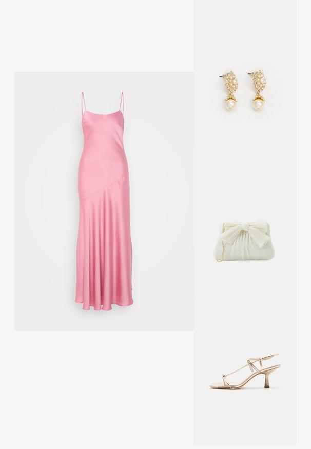 Robe maxi en satin rose avec de fines bretelles spaghetti, une légère brillance et un détail de couture en diagonale à l'avant, descendant vers un ourlet évasé.; Sandale dorée à lanières avec petit talon kitten, bride de cheville réglable et boucle pour l'orteil sur fond clair uni.; Sac à main plissé blanc avec un nœud proéminent et une chaîne dorée. Texture douce avec un design froncé à l'avant.; Boucles d'oreilles dorées avec un design floral, accentuées de perles et d'une plus grande perle pendante. Embellies de petits cristaux transparents.