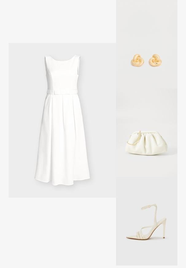 Robe midi blanche sans manches en tissu texturé, corsage ajusté, ceinture accentuée avec petit nœud et jupe plissée en ligne A sur fond neutre.; Sandales à talons hauts beiges avec un bout pointu, comportant trois brides à l'avant et une fine bride à la cheville avec une boucle. Texture lisse, design minimaliste.; Sac à main en cuir blanc avec un design plissé, doté d'une bandoulière en chaîne dorée et d'une forme arrondie. Texture lisse avec des plis doux et sans motifs.; Paire de clous d'oreilles en forme de nœud, couleur or brillant, sur un fond blanc uni.
