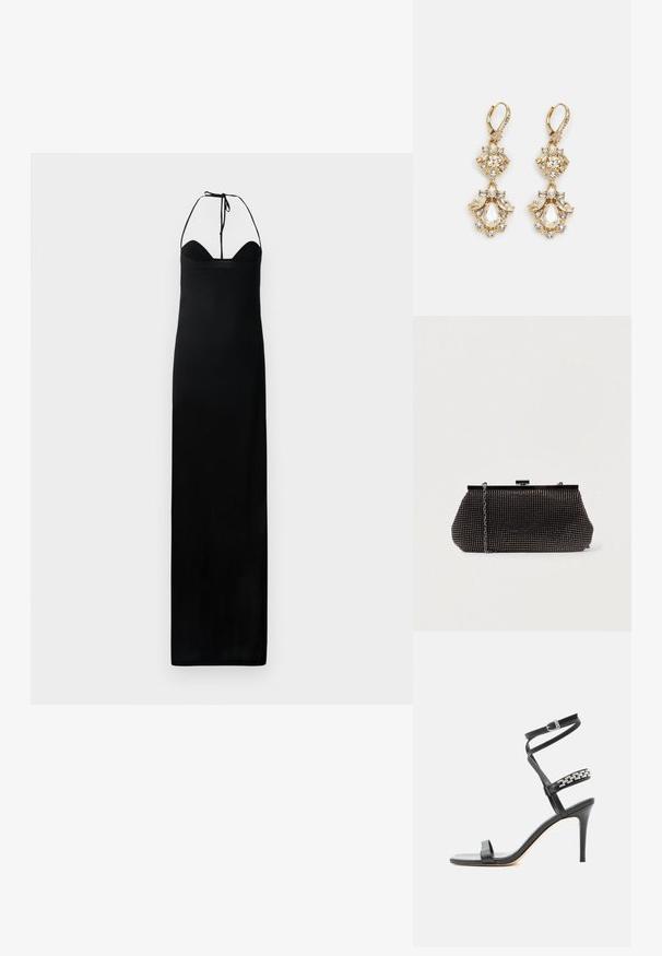 Robe maxi noire avec un corsage ajusté, des liens autour du cou en halter et une texture lisse et élégante. Présente une silhouette droite sans ornements.; Sandale noire à talon haut avec fine bride à la cheville, bride médiane décorée de maillons de chaîne argentés, et design à bout ouvert.; Pochette noire en mesh avec une silhouette structurée, ornée de petits clous métalliques, dotée d'une fermeture à clip et d'une bandoulière en chaîne détachable.; Boucles d'oreilles pendantes dorées présentant un design en grappe avec des cristaux clairs ronds et en forme de goutte, mettant en valeur des détails élaborés.
