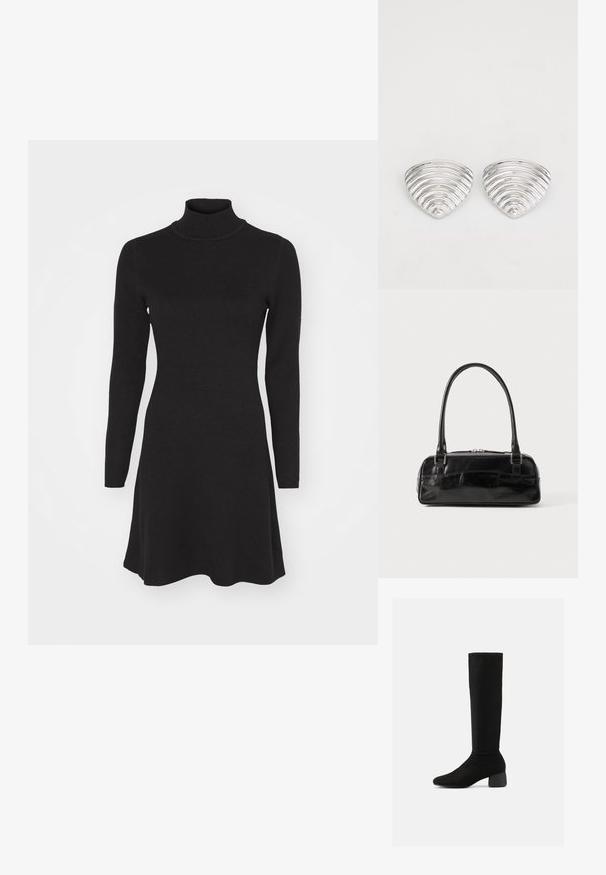 Zwarte langetermijn turtleneck jurk met een aansluitende bovenkant en een vloeiende rok. Gemaakt van een zachte, gestructureerde stof, met een gladde, effen kleur.; Zwarte rekbare laars tot aan de knie met een afgeronde blokhak en een licht puntige neus, weergegeven van opzij op een witte achtergrond.; Zwarte leren handtas met een rechthoekige vorm, voorzien van een enkele gestructureerde handgreep, zilveren hardware en ritsluiting. Gladde textuur.; Zilverkleurige oorknoppen met een golvend, getextureerd ontwerp, gevormd als overlappende maanschijven; de gepolijste afwerking versterkt de reflecterende kwaliteiten.