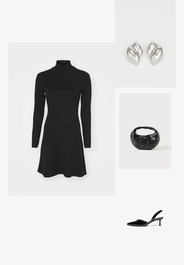 Zwarte langetermijn turtleneck jurk met een aansluitende bovenkant en een vloeiende rok. Gemaakt van een zachte, gestructureerde stof, met een gladde, effen kleur.; Zwarte gepolijste leren slingback hakken met een puntige neus, een lage stiletto hak en een elegant, eenvoudig ontwerp zonder versieringen.; Zwarte leren handtas met een afgeronde vorm, versierd met zilveren studs, en een korte handgreep. Gladde textuur en ritsluiting.; Zilveren oorbellen met een organische, abstracte vorm. Gladde, glanzende oppervlakte met een taps toelopend ontwerp. Beschikken over subtiele rondingen en een centrale lijn detail.