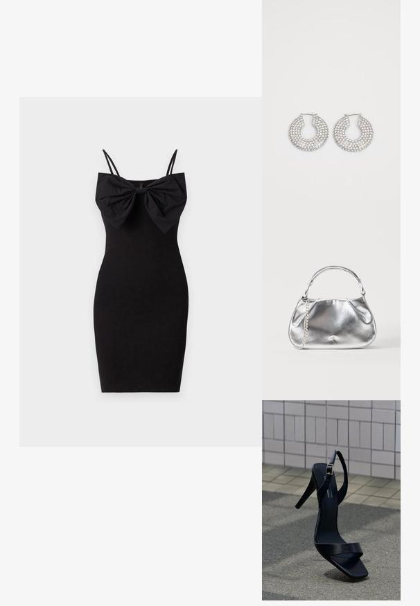 Vestido negro ajustado con un gran detalle de lazo en el escote, que presenta tirantes delgados ajustables y una textura de tela suave y elástica.; Sandalia negra de tacón alto con correa en el tobillo y punta cuadrada, situada sobre el pavimento frente a una pared con azulejos.; Pequeño bolso metálico plateado con un asa corta y un detalle de correa de cadena sobre un fondo blanco liso.; Aros de plata en forma de aro adornados con múltiples embellishments de cristal transparente, con una superficie texturizada y un diseño circular abierto.