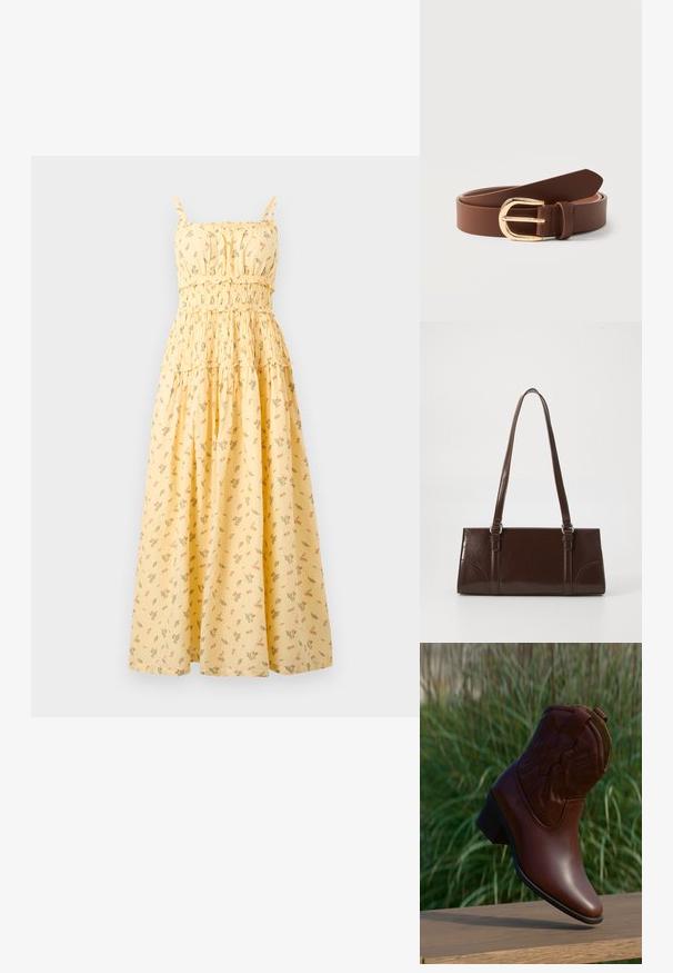 Robe maxi jaune sans manches avec imprimé floral, corsage froncé, taille à volants et fines bretelles.; Botte de cowboy en cuir marron avec des coutures décoratives, inclinée vers le haut sur une surface en bois avec un arrière-plan flou d'herbe verte.; Sac à main en cuir verni marron de forme rectangulaire, avec deux longues poignées et des accents courbés subtils à l'avant.; Ceinture en cuir marron avec boucle dorée arrondie, roulée et posée sur une surface blanche.