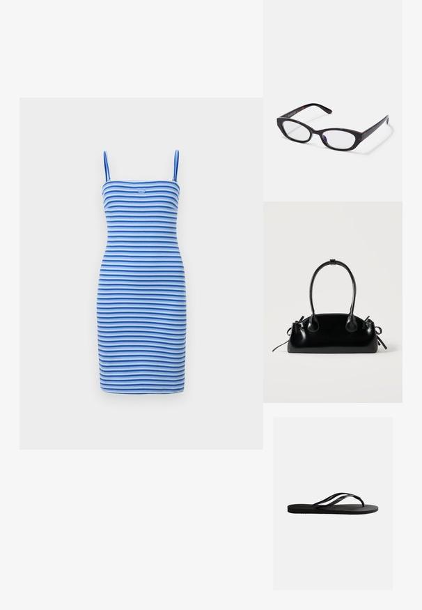 Vestido bodycon ajustado en rayas alternas de azul y azul claro, hecho de tela acanalada, con una silueta ajustada y un detalle de logo en el pecho.; Chancla negra de goma con plantilla texturizada y finas correas en forma de Y sobre un fondo blanco liso.; Gafas de estilo gato con un marco de plástico de carey oscuro brillante, con brazos curvados y lentes transparentes. Branding mínimo en el lateral.; Pequeño bolso negro brillante con dos asas largas y detalles de cordón lateral sobre un fondo claro liso.