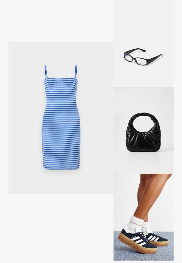 Stram bodycon kjole i skiftende blå og lyseblå striber, lavet af ribbet stof, med en tætsiddende silhuet og et logodetalje på brystet.; Ben iført hvide sokker og sorte Adidas Gazelle sneakers med hvide striber og tykke brune såler på et gråt tæppe.; Sorte rektangulære briller med klare linser. Blank finish, smalle stænger, og lilla nuance synlig i kanterne af linsen.; Sort polstret håndtaske med et rundt håndtag, der har en glat, skinnende overflade og en blød, kviltet tekstur. Ingen synlige hardware eller accenter.