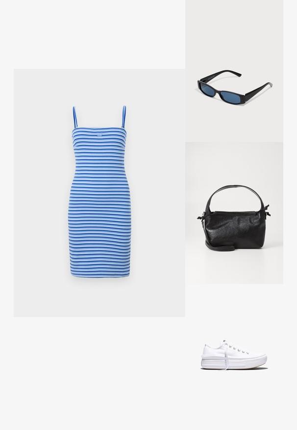Aansluitende bodycon jurk met afwisselende blauwe en lichtblauwe strepen, gemaakt van ribbelstof, met een getailleerde silhouet en een logodetail op de borst.; Witte lage canvas sneaker met dikke plateauzool, veters aan de voorkant en rubberen toeskap met structuur, zijaanzicht.; Zwarte zonnebril met een slank rechthoekig frame en blauwe lenzen. Heeft een gladde textuur en stevige pootjes. Merklogo aan de zijkant.; Zwarte leren handtas met een gestructureerd ontwerp, een ronde bovenhandgreep en een afneembare schouderriem. Beschikt over een gladde textuur en een subtiele glans.