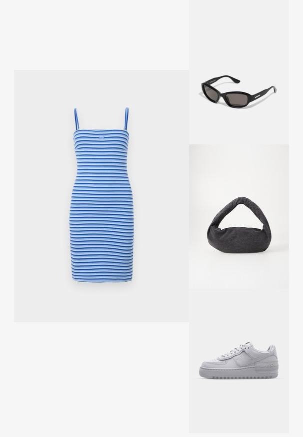 Vestido bodycon ajustado en rayas alternas de azul y azul claro, hecho de tela acanalada, con una silueta ajustada y un detalle de logo en el pecho.; Zapatilla Nike Air Force 1 gris con puntera perforada, parte superior de cuero suave, suela gruesa y detalle en relieve 'AIR' en el talón.; Gafas de sol negras con montura rectangular, lentes oscuros, material de plástico suave y un acento metálico en la patilla.; Bolsa de tela gris oscuro con un asa curva, textura suave y forma redondeada. Sin hardware ni adornos visibles.