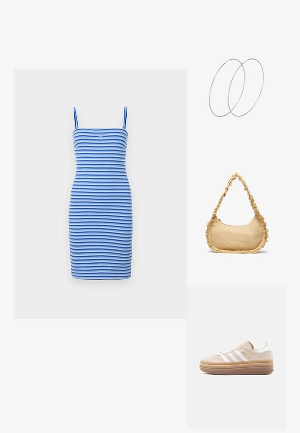 Stram bodycon kjole i skiftende blå og lyseblå striber, lavet af ribbet stof, med en tætsiddende silhuet og et logodetalje på brystet.; Beige ruskindsneaker med hvide læderdetaljer, der har tre hvide striber, et gyldent logo og en tyk, gennemsigtig gummisål.; Struktureret beige taske med en rund form, frynset kant langs kanterne og en kort rem til at bære. Lynlåsåbning på toppen.; Sølvøreringe med et minimalistisk design. Cirkulær form, glat tekstur og tynd profil. Letvægtige med en poleret overflade.