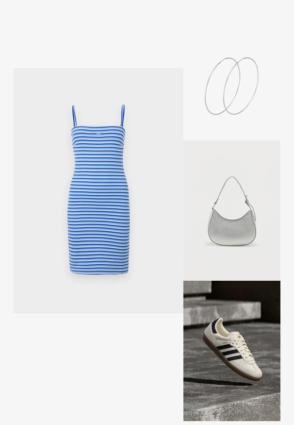 Vestido bodycon ajustado en rayas alternas de azul y azul claro, hecho de tela acanalada, con una silueta ajustada y un detalle de logo en el pecho.; Zapatilla blanca Adidas Samba con franjas negras y suela de goma, flotando sobre escalones de hormigón gris texturizado.; Bolso de mano de imitación cuero plateado con forma curva, correa corta ajustable y textura suave, que presenta un detalle de costura minimalista.; Pendientes de aro plateados con un diseño minimalista. Forma circular, textura suave y perfil delgado. Livianos con un acabado pulido.