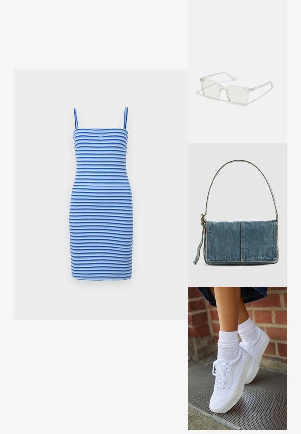 Stram bodycon kjole i skiftende blå og lyseblå striber, lavet af ribbet stof, med en tætsiddende silhuet og et logodetalje på brystet.; Hvide lærreds sneakers med gummisåler, der har seks snørehuller, rund tå og let sømdetaljer, krydret med hvide ankelstrømper.; Klare plastiske briller med firkantet ramme og gennemsigtige linser, der har guld accenter på tempelstængerne for ekstra detaljer.; Denim skuldertaske med fold-over design, lys blå farve, synlige sømme, justerbar rem og en sidelabel-detalje.