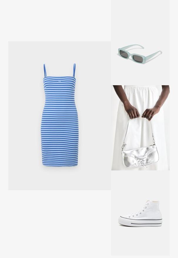 Stram bodycon kjole i skiftende blå og lyseblå striber, lavet af ribbet stof, med en tætsiddende silhuet og et logodetalje på brystet.; Hvide høj-top sneakers lavet af kanvasmateriale, sort gummisål og kontrasterende sort stribe på mellemsålen. Rund tåhætte og snørebåndsdesign.; Et par rektangulære solbriller med lyseblå gennemsigtige stel og mørkegrå linser, der har lige templer og minimale hardware detaljer.; Sølvmetallic håndtaske med snøredetaljer, der har et slankt design og en kort strop. Tasken holdes i hænderne for at fremvise dens tekstur.