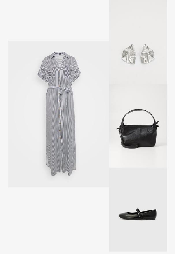 Gestreiftes Maxikleid in Blau und Weiß, kurze Ärmel, Brusttaschen, durchgehende Knopfleiste, gebundener Gürtel in der Taille, leichtes Gewebe mit glatter Textur.; Schwarze Leder-Ballerinas mit einer runden Spitze, einer flachen Sohle und einem dünnen, verstellbaren Riemen über dem Spann mit einer Metallschnalle.; Schwarze Lederhandtasche mit strukturiertem Design, rundem Haltegriff und abnehmbarem Schulterriemen. Sie weist eine glatte Oberfläche und einen subtilen Glanz auf.; Silberne Metallohrringe mit einem wellenförmigen, skulpturalen Design, das eine polierte Oberfläche und unregelmäßige Formen aufweist, die eine zeitgenössische Ästhetik betonen.