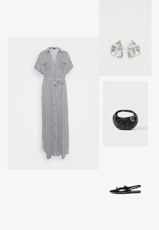 Gestreiftes Maxikleid in Blau und Weiß, kurze Ärmel, Brusttaschen, durchgehende Knopfleiste, gebundener Gürtel in der Taille, leichtes Gewebe mit glatter Textur.; Schwarze Leder-Slingback-Ballettschuhe mit spitzer Zehenform, verziert mit Rüschendetails auf dem Schaft und einem verstellbaren Knöchelriemen. Glatte Oberflächenstruktur.; Schwarze Lederhandtasche mit abgerundeter Form, verziert mit silbernen Nietenakzenten und kurzem Griff. Glatte Struktur und Reißverschlussverschluss.; Silberne Metallohrringe mit einem wellenförmigen, skulpturalen Design, das eine polierte Oberfläche und unregelmäßige Formen aufweist, die eine zeitgenössische Ästhetik betonen.