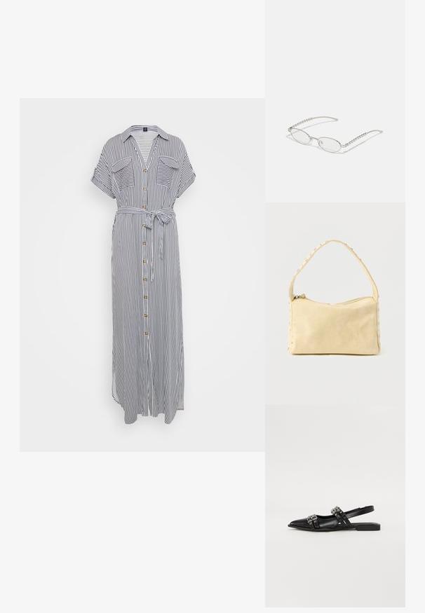 Gestreiftes Maxikleid in Blau und Weiß, kurze Ärmel, Brusttaschen, durchgehende Knopfleiste, gebundener Gürtel in der Taille, leichtes Gewebe mit glatter Textur.; Even&Odd Sling-Ballerina - black; Ovale Brillen mit einem metallisch-silbernen Rahmen, klaren Gläsern und strukturierten Perlenakzenten an den Bügeln. Leichtes Design mit gebogenen Bügeln.; Kleine beige Ledertasche mit einem einzigen Riemen und silbernen Nieten entlang der Kanten und des Riemens, vor einem schlichten Hintergrund.