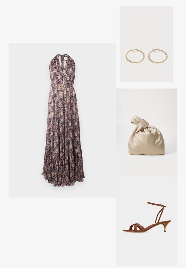 Robe longue sans manches à col halter avec motif floral dans des tons violet, rose et beige, avec une taille cintrée et une petite boucle dorée.; Sandale à lanières en cuir marron avec un petit talon doré, une bride à boucle à la cheville et un petit détail de logo doré sur les lanières avant.; Sac en satin beige avec un haut noué, présentant une texture douce et lisse ainsi qu'une forme arrondie, conçu pour être simple et élégant.; Paire de boucles d'oreilles créoles en or de taille moyenne avec un design texturé et perlé sur un fond clair uni.