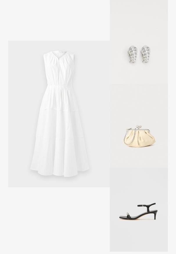 Robe blanche sans manches avec un col rond, un corsage froncé et une jupe en A à plusieurs niveaux, en tissu lisse et léger.; Sandale noire en cuir à talon avec bride à la cheville, bout ouvert, devant carré et accent en métal argenté. Design ajusté avec un profil élégant.; Pochette en cuir beige plissé avec un cadre en métal argenté, dotée de deux fermoirs ronds décoratifs et d'une chaîne en argent.; Boucles d'oreilles en clip argentées avec un design en spirale, présentant une texture métallique lisse et des formes arrondies. Pas d'embellissements ou de motifs visibles.