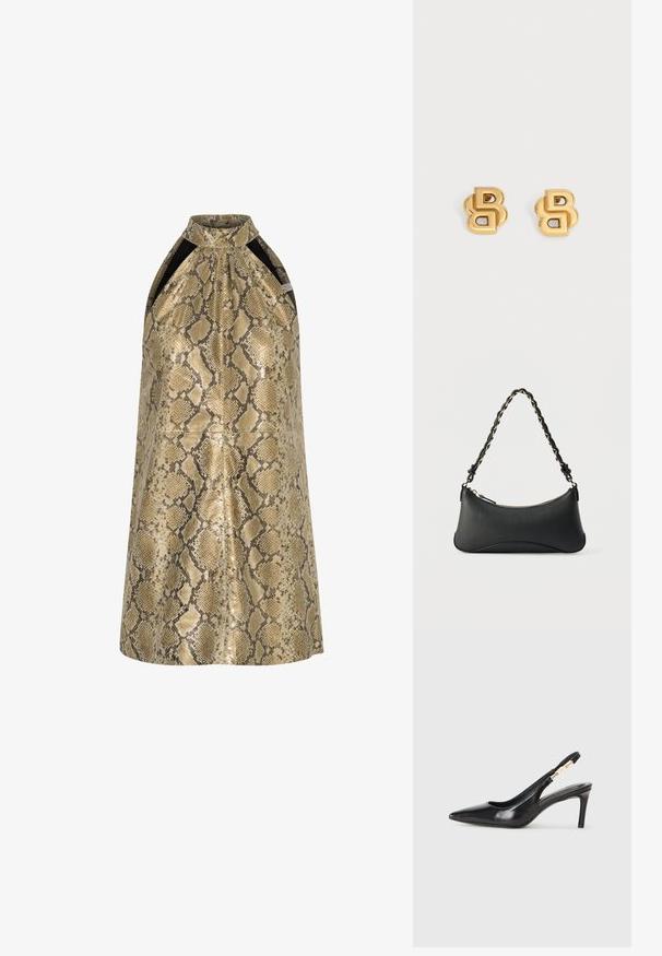 Guld- og beige slangeskindsprint halterneck-kjole med høj krave og kontrasterende sorte sidepaneler, der har en glat, blank overflade.; Sort læder slingback højhælede sko med spidse tæer, glat overflade og en smal ankelrem med guldfarvede hardware detaljer.; Sort skuldertaske i læder med en buet rektangulær form, gyldent kæde vævet ind i en flettet sort rem og toplynlås.; Par guldfarvede metal-ørestikker formet som sammenkoblede bogstav B-designs på hvid baggrund.