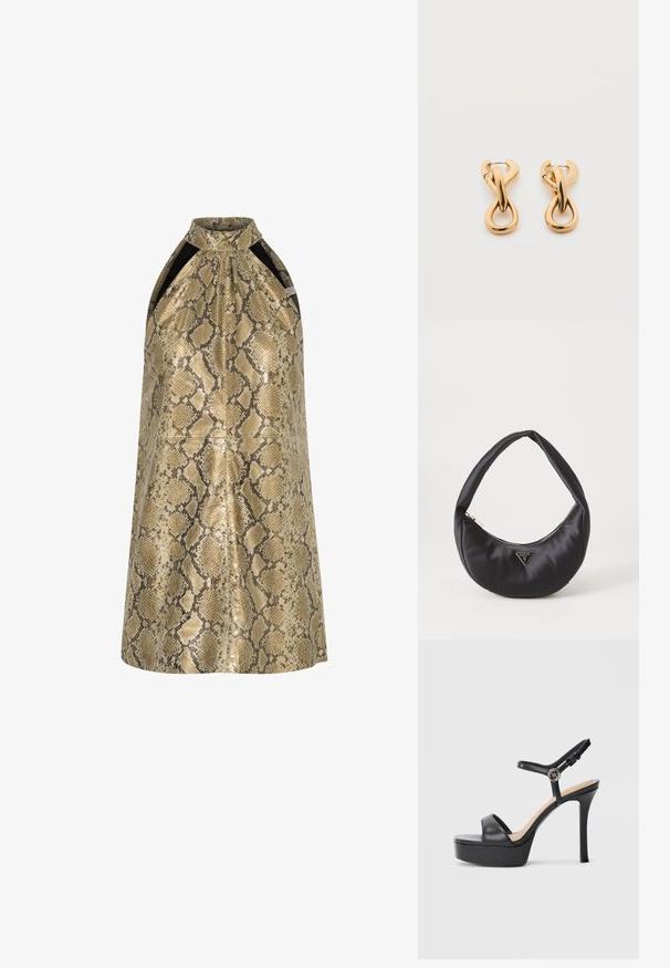 Gouden en beige slangenprint halterjurk met een hoge kraag en contrasterende zwarte zijpanelen, voorzien van een gladde, glanzende textuur.; Zwarte platformsandalen met een hoge naaldhak, voorzien van een glad leren bovenkant, een peep-toe ontwerp en een verstelbare enkelriem met beslag.; Zwarte satin handtas met een gebogen vorm, voorzien van een ritssluiting en een driehoekig metalen logo aan de voorkant. Gladde textuur en een slank ontwerp.; Een paar glanzende oorringen in goudkleur met een lusvormige, gedraaide en verstrengelde ontwerp, afgebeeld op een eenvoudige witte achtergrond.