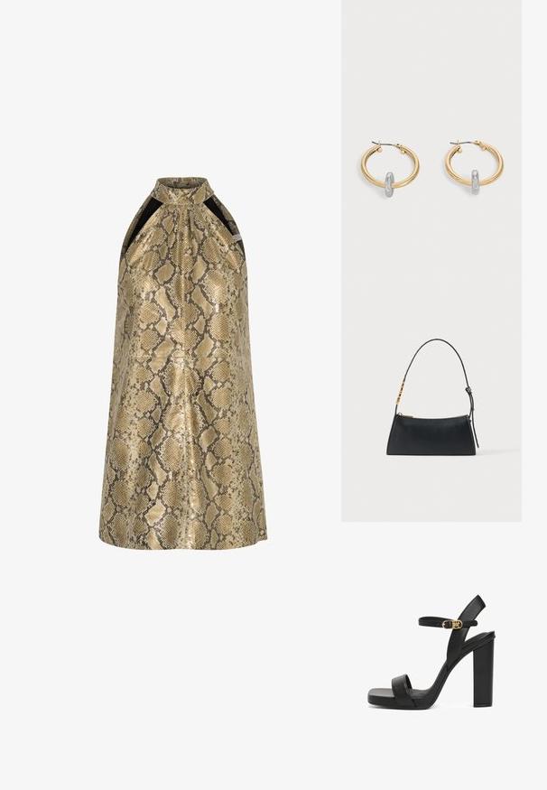 Guld- og beige slangeskindsprint halterneck-kjole med høj krave og kontrasterende sorte sidepaneler, der har en glat, blank overflade.; Sort højhælet sandal lavet af glat læder, med en bred frontrem, ankelrem med guldspænde og en chunky firkantet hæl.; Sort læderhåndtaske med en guldlås og justerbar rem med gyldne rektangulære detaljer på en hvid baggrund.; Par guldtonede hoop øreringe med lille sølvfarvet loop-detalje på hver, vist mod lysegrå baggrund.
