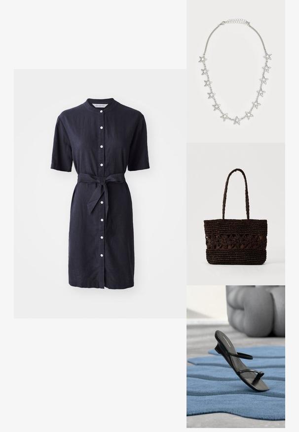 Navy linen dress with short sleeves, button front, and a tied waist belt. Features white buttons and a classic collar design.; Musta remmillä varvastakertova sandaali esillä sinisellä kuvioidulla matolla, taustalla suuri harmaa koriste-esine sumeana.; Tummanruskea kudottu olkalaukku kukkakuvioilla ja kahdella pitkällä punotulla kahvalla yksinkertaisella vaalealla taustalla.; Hopeaketjuhöyhty, jossa on yksitoista tähtimuotoista riipusta, joista jokaisessa on kirkas keskikivivi, sekä säädettävä lukitus.