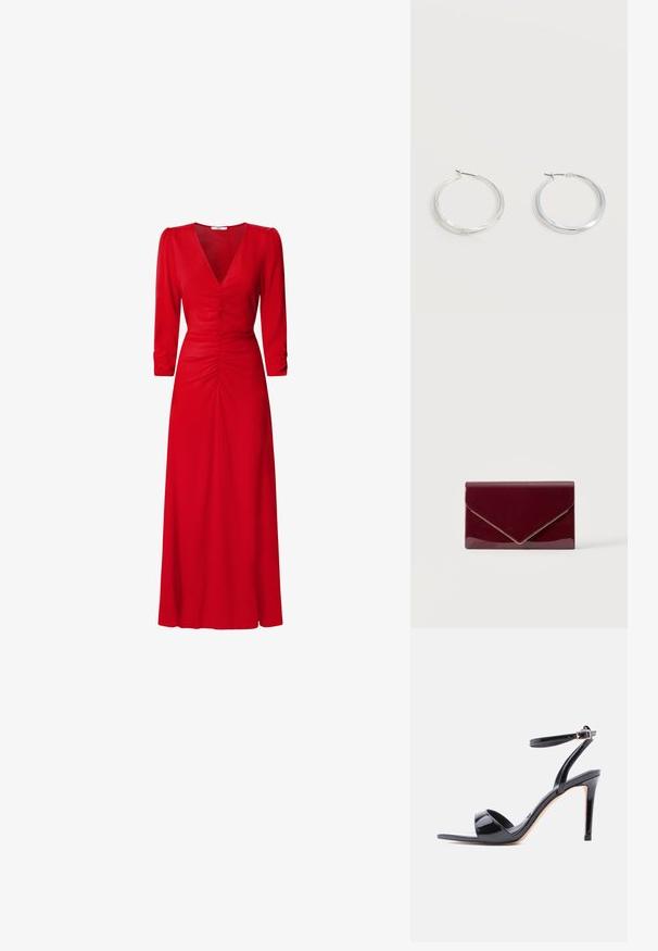 Vestido rojo con escote en V, mangas tres cuartos y detalles fruncidos en la cintura y la espalda. La tela parece suave y ligera.; Sandalia de tacón alto de charol negro con punta abierta, tira en el tobillo y cierre de hebilla, mostrada de perfil sobre un fondo blanco.; Bolso de mano estilo sobre en rojo oscuro brillante con ribete dorado a lo largo del borde de la solapa sobre un fondo claro liso.; Pendientes de aro de metal plateado con superficie lisa y ligeramente curvada y cierre de tipo mosquetón sobre un fondo blanco liso.