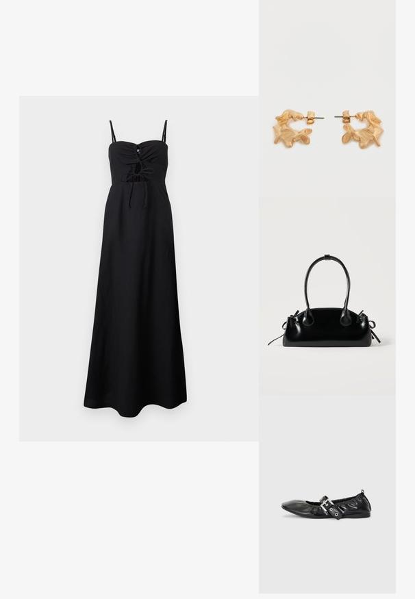 Robe maxi noire sans manches avec fines bretelles, bustier froncé et détail noué devant à la taille.; Chaussure plate en cuir noir avec un nez pointu, des détails froncés autour de l'ouverture et un accent en boucle argentée sur la bride ajustable.; Petit sac à main noir brillant avec deux longues anses et des détails à cordon sur les côtés sur un fond clair uni.; Boucles d'oreilles dorées avec une forme abstraite et organique, présentant une surface texturée et une fermeture à poussette.