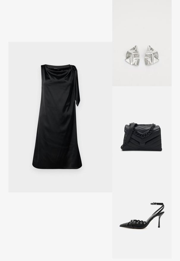 Robe en satin noir avec une coupe décontractée, un décolleté drapé et un détail de nouage sur le côté. Texture lisse et design à mi-mollet.; Chaussure à talon haut noire à bout pointu, bords festonnés, œillets métalliques, lacets à l'avant et bride de cheville avec fermeture à boucle.; Sac à main en cuir noir avec un motif en chevrons, une bandoulière en chaîne noire et une fermeture magnétique. Forme compacte avec une surface texturée.; Boucles d'oreilles en métal argenté avec un design ondulé et sculptural, présentant une finition polie et des formes irrégulières, mettant en valeur une esthétique contemporaine.