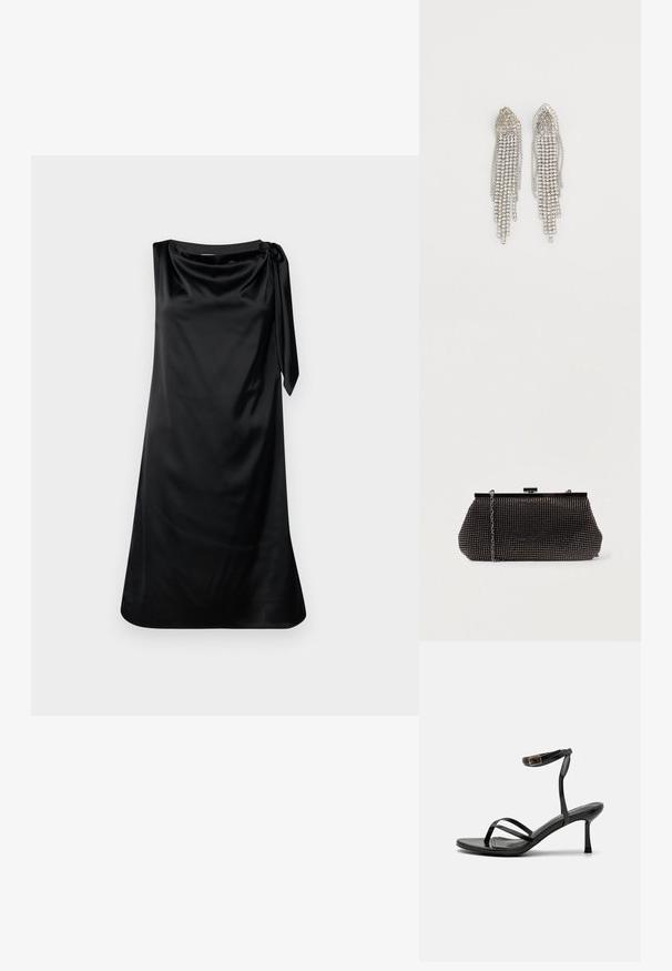 Robe en satin noir avec une coupe décontractée, un décolleté drapé et un détail de nouage sur le côté. Texture lisse et design à mi-mollet.; Sandales à talons hauts noires avec un design à fines lanières, texture lisse, boucle à la cheville et bout pointu. Détail de bride de cheville ajustable.; Pochette noire en mesh avec une silhouette structurée, ornée de petits clous métalliques, dotée d'une fermeture à clip et d'une bandoulière en chaîne détachable.; Boucles d'oreilles en argent présentant un design en cascade avec plusieurs rangées de strass scintillants, des pointes effilées et de délicates nuances de chaîne.
