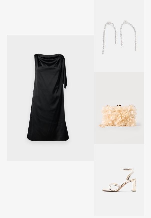Robe en satin noir avec une coupe décontractée, un décolleté drapé et un détail de nouage sur le côté. Texture lisse et design à mi-mollet.; Sandale à talon haut dorée métallique avec deux fines brides sur les orteils, bride à la cheville avec boucle, talon bloc, et dos ouvert sur fond blanc.; Pochette ornée de fleurs en tissu couleur crème couvrant toute la surface, avec une chaîne dorée en bandoulière, sur un fond clair.; Boucles d'oreilles en argent avec des chaînes pendantes, présentant plusieurs pierres précieuses claires disposées en motif linéaire, offrant un effet scintillant.