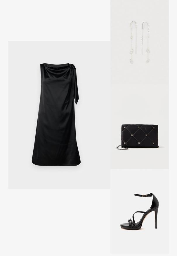 Vestido de satén negro con un corte relajado, escote drapeado y detalle de lazo lateral. Textura suave y diseño hasta la rodilla.; Sandalia negra de tacón alto con tiras finas, una correa en el tobillo con una pequeña hebilla dorada y tacón de aguja sobre un fondo blanco.; Clutch de satén negro acolchado con tachuelas piramidales plateadas, correa de cadena, forma rectangular y textura suave. Dimensiones de 10 cm x 18 cm x 4 cm.; Pendientes colgantes de plata con diseño de cadena, que presentan piedras preciosas en forma de marquesa y lágrima, con un acabado pulido y detalles delicados.